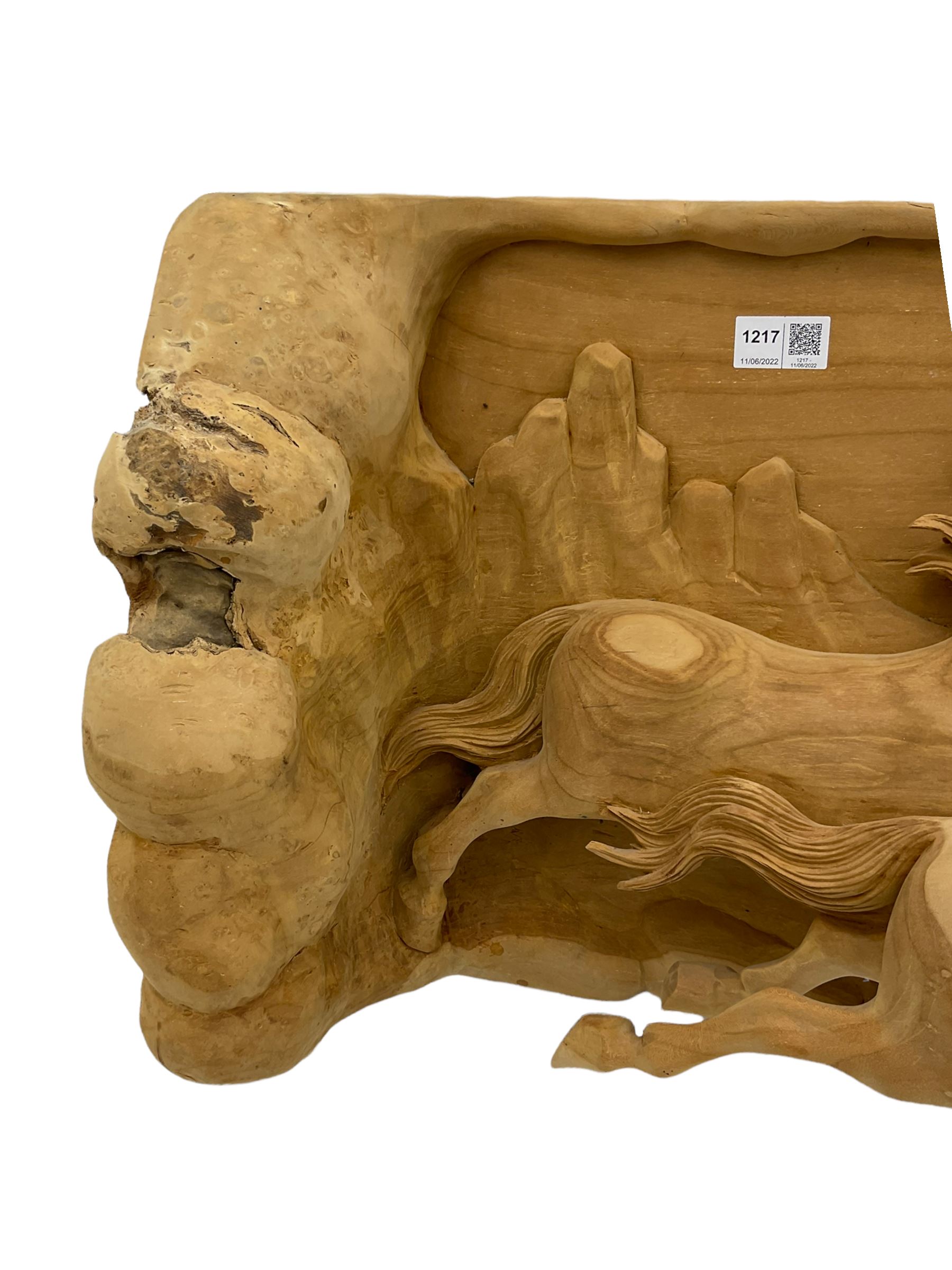 High relief carved cherry wood wall art - eight galloping horses with mountainous background
