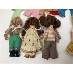 Six fashion dolls by Amanda Jane, Sindy and Barbie with various outfits, clothing and footwear