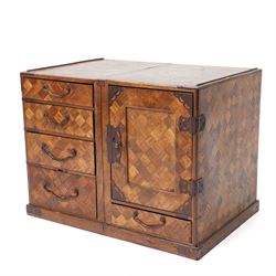 19th century Japanese parquetry scholars box, the left side opening to reveal two further drawers 