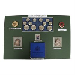 Air Raid Precautions items, including four door plates, silver lapel bedges, Women's Voluntary Service, whistle, matchbox etc  