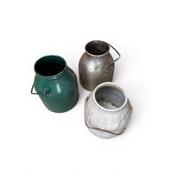 Three metal dairy buckets with carrying handles