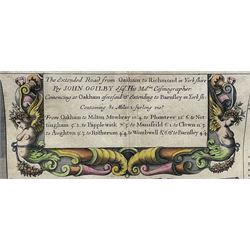 John Ogilby (British 1600-1676): 'The Extended Road from Oakham to Richmond in Yorkshire', late 17th century engraved strip map with hand colouring 35cm x 46cm