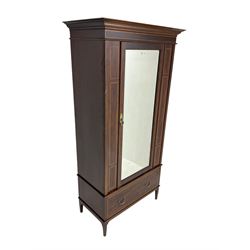 Edwardian inlaid mahogany wardrobe, projecting cornice over single bevelled mirror glazed door, drawer to base, satinwood banding throughout, on square tapering supports
