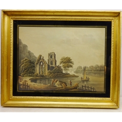 Ruined Church by the Riverside, 19th century watercolour unsigned 41cm x 55cm in eglomise glass & gilt frame   