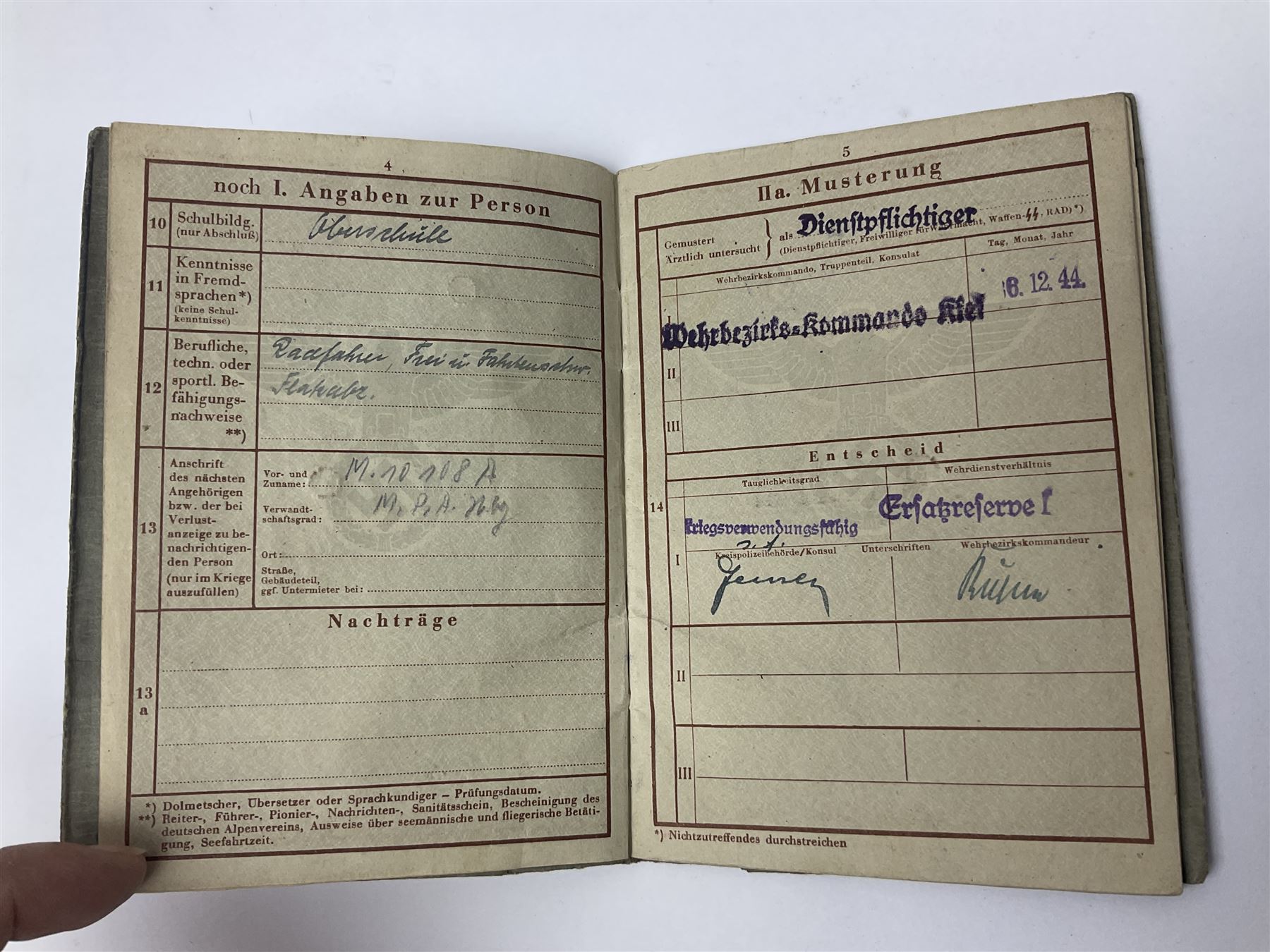 WW2 German Coastal Artillery Wehrpass for Marinehelfer Harald Ammann with small archive of modern research information.