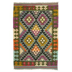 Afghan Maimana flatweave kilim, central field features large bold nested diamond motifs an...