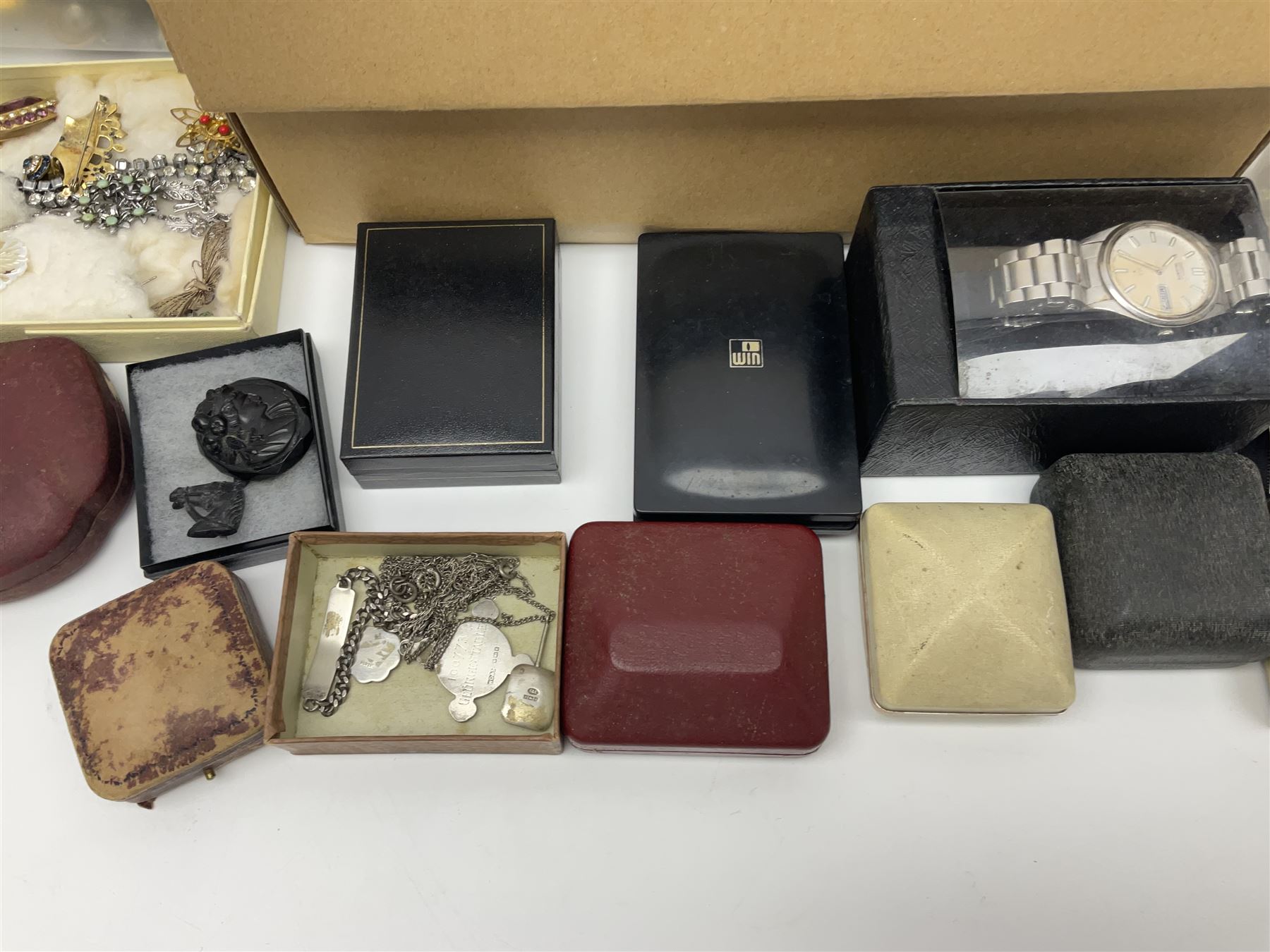 Silver jewellery including St Johns Ambulance medal, tiger's eye necklace, identity bracelet, etc, together with Festival of Britain powder compact, Ippag dice lighter, Win International lighter, Victorian and later costume jewellery and wristwatches