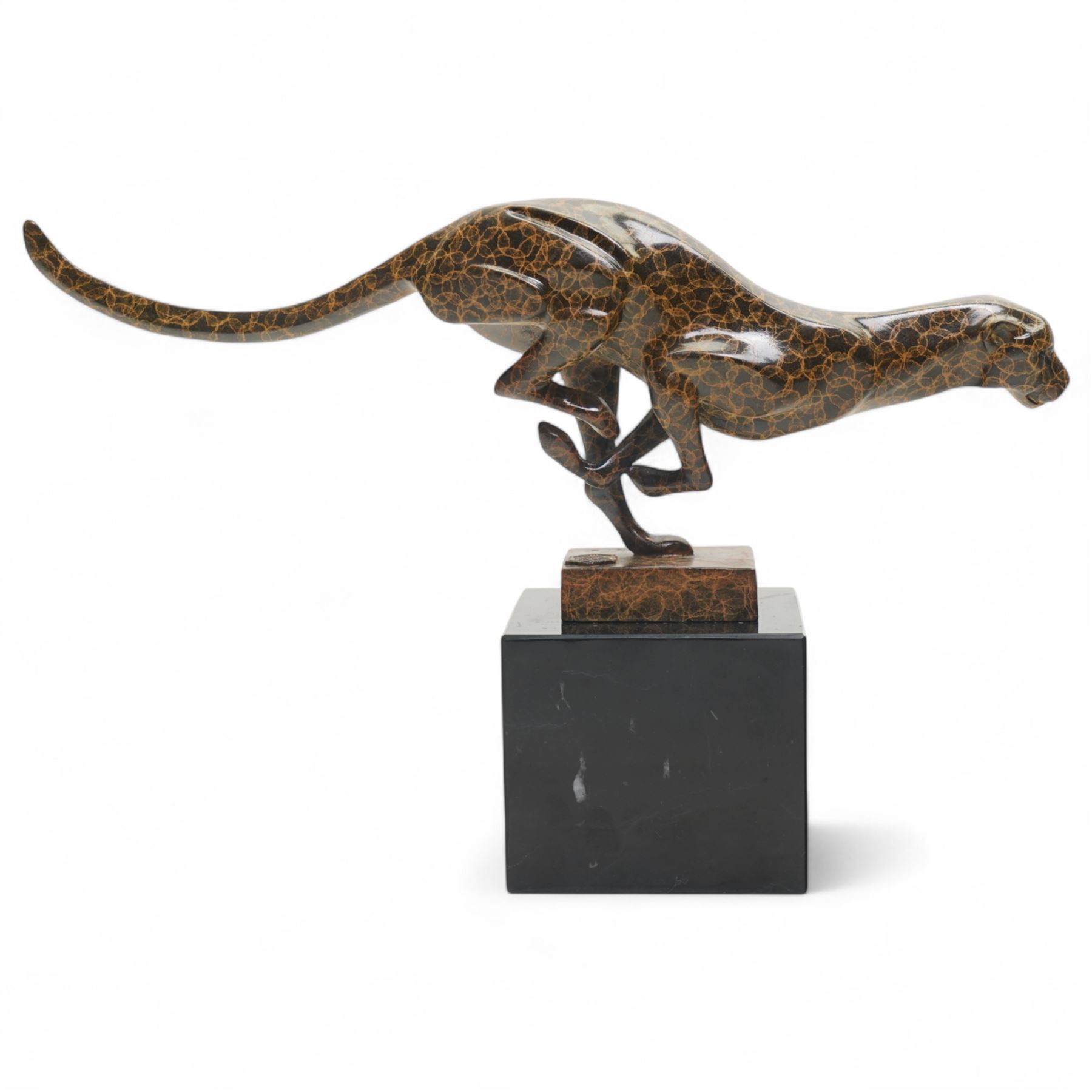 After Milo - Bronze two toned figure of running cheetah, upon a rectangular marble base, signed and with foundry mark, H20cm