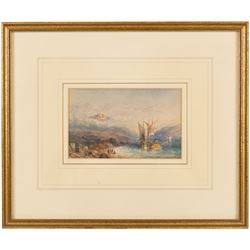 Sir Charles D'Oyly (British 1781-1845): Sailboats on a Misty River Valley, watercolour signed 9cm x 15cm
