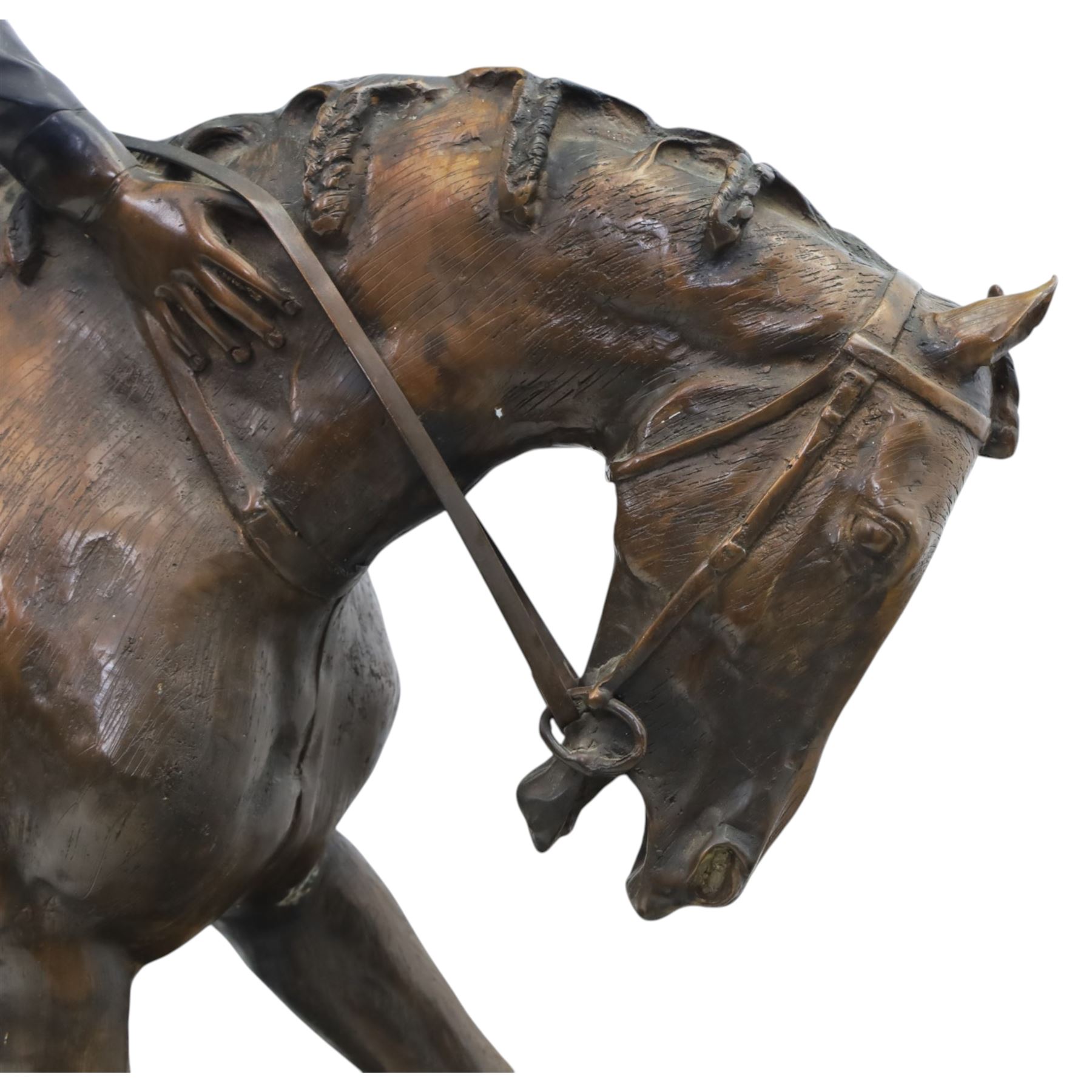 After Isidore Jules Bonheur (1827-1901), bronze figure of a jockey on horseback, upon a rectangular base, signed Bonheur, H88cm