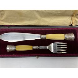 Walker & Hall silver-plate part canteen of cutlery, together with hallmarked silver cutlery comprising pair of Robert Pringle & Sons teaspoons, fork and butter knife, and silver handled knife and fork, cased set of Walker & Hall fish servers with simulated bone handles, and quantity of silver-plate and other cutlery