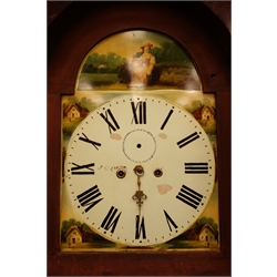  Victorian figured mahogany longcase clock, eight day movement with enamel dial painted with country scenes, signed 'J.C. Elliot', H237cm  