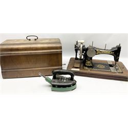 Frister & Rossmann Hand Sewing Machine in wooden case, together with vintage gas Iron 'The Rhythm' no.375U