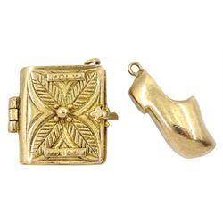 Gold clog and bible pendant/charms, both hallmarked 9ct