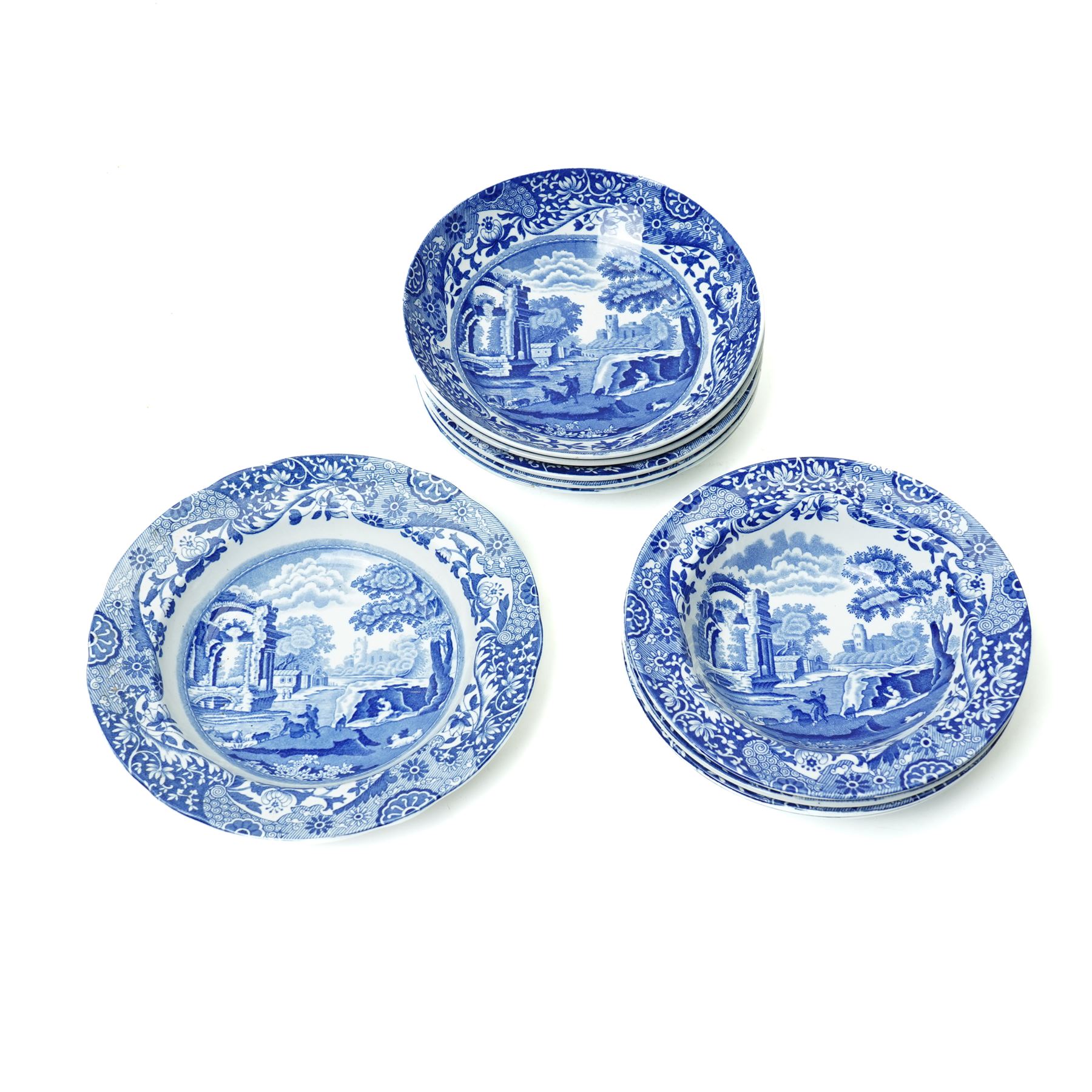 Spode Italian pattern tea and dinner wares, including tureen with black back stamp, all others with blue backstamp, including plates with pierced borders, large bowl, jug, covered sucrier, and others