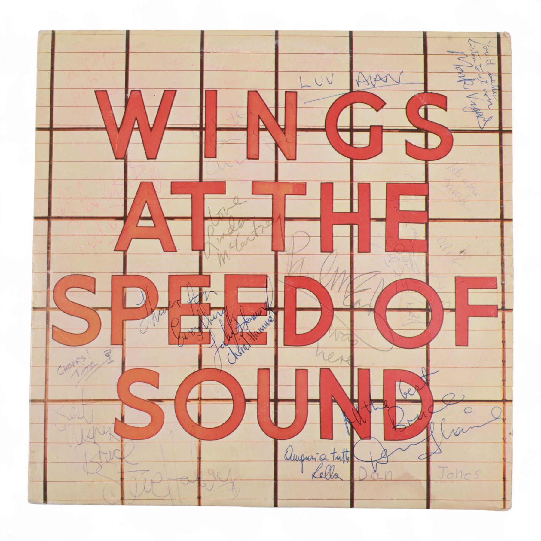Wings at the Speed of Sound, signed vinyl, Christmas card and birthday card, the vinyl with multiple signatures, including Paul McCartney, Linda McCartney, Denny Laine, Trevor Jones and Laurence Juber, the Birthday card depicting motorbike with a note to the front written in pen reading  'Bruce McKenna 18th July 1978 16yrs', signed to the interior with personal messages including 'All the breast Bruce, Paul McCartney', 'Happy Xmas (with cross through), Happy birthday Bruce Denny Laine', 'Merry Xmas Love Linda McCartney', 'Happy birthday, Laurence Juber', etc, the christmas card showing the five band members dressed as Santa Clause, with one unidentified signature inside

Notes: the vendors lived in Canada in the early 1980s and rented out their house on their return to England. The couple who rented the house had just sold a hotel in Vancouver in which Wings had stayed, and they left the record and cards behind.