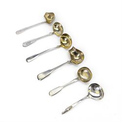 Six Continental/American silver ladles, 