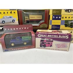 Eight Vanguards die-cast models by Corgi, Hornby and Lledo including Land Rovers, Ford Anglia and Triumph; together with thirteen other modern die-cast models by Bburago, Oxford, Atlas, EFE, Solido etc; all boxed; and small quantity of unboxed and playworn models
