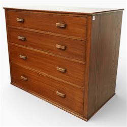Mid 20th century oak chest of drawers, rectangular top with gently rounded front edge over four graduating drawers fitted with recessed ribbed wooden handles, plain drawer fronts, raised on an integral plinth base