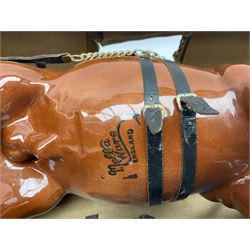 Four Melba Ware Shire horse figures and another similar, and three wood carts