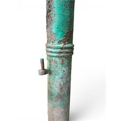 19th century circular cast iron gate post with finial, painted in distressed green finish