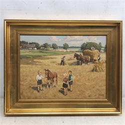 Knud Edsberg (Danish 1911-2003): Children in the Hayfield, oil on canvas signed 29cm x 39cm