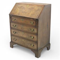19th century walnut bureau of small proportions, the sloping fall enclosing a fitted interior with shaped pigeonholes and small drawers, above four long graduated drawers with feather banded walnut veneers, fitted with brass swan neck handles and escutcheons, raised on shaped bracket feet