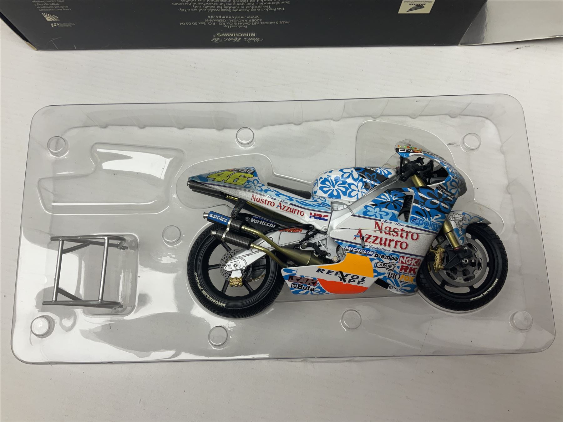 Two Minichamps limited edition Valentino Rossi Collection 1:12 scale die-cast motorcycles - Honda NSR500 Valentino Rossi Team Nastro Azzurro GP Donington 2000 with rider; and Honda NSR500 Valentino Rossi Team Azzurro GP Mugello 2001 Dirty Version; both boxed (2)