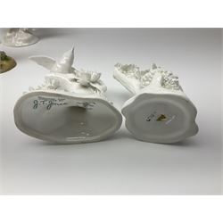 Ten Crown Staffordshire bird figures, to include Golden pheasants, six Blanc De Chine figures etc, together with Crown Stafford candlesticks and trinket box