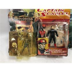 Seventeen TV & film related carded action figures comprising four Pirates of the Caribbean; five Shrek; three Star Trek; two Sea Quest DSV; Captain Scarlet, Warriors of Virtue; and Jurassic World; all in unopened blister packs (17)