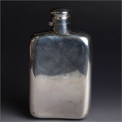 Late Victorian silver hip flask, of typical rectangular form, engraved with Royal Inniskilling Fusiliers crest to front, hallmarked Birmingham 1893, maker's mark worn and indistinct, H14cm