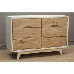  Rustic wood and painted six drawer chest, W120cm, H80cm, D46cm  