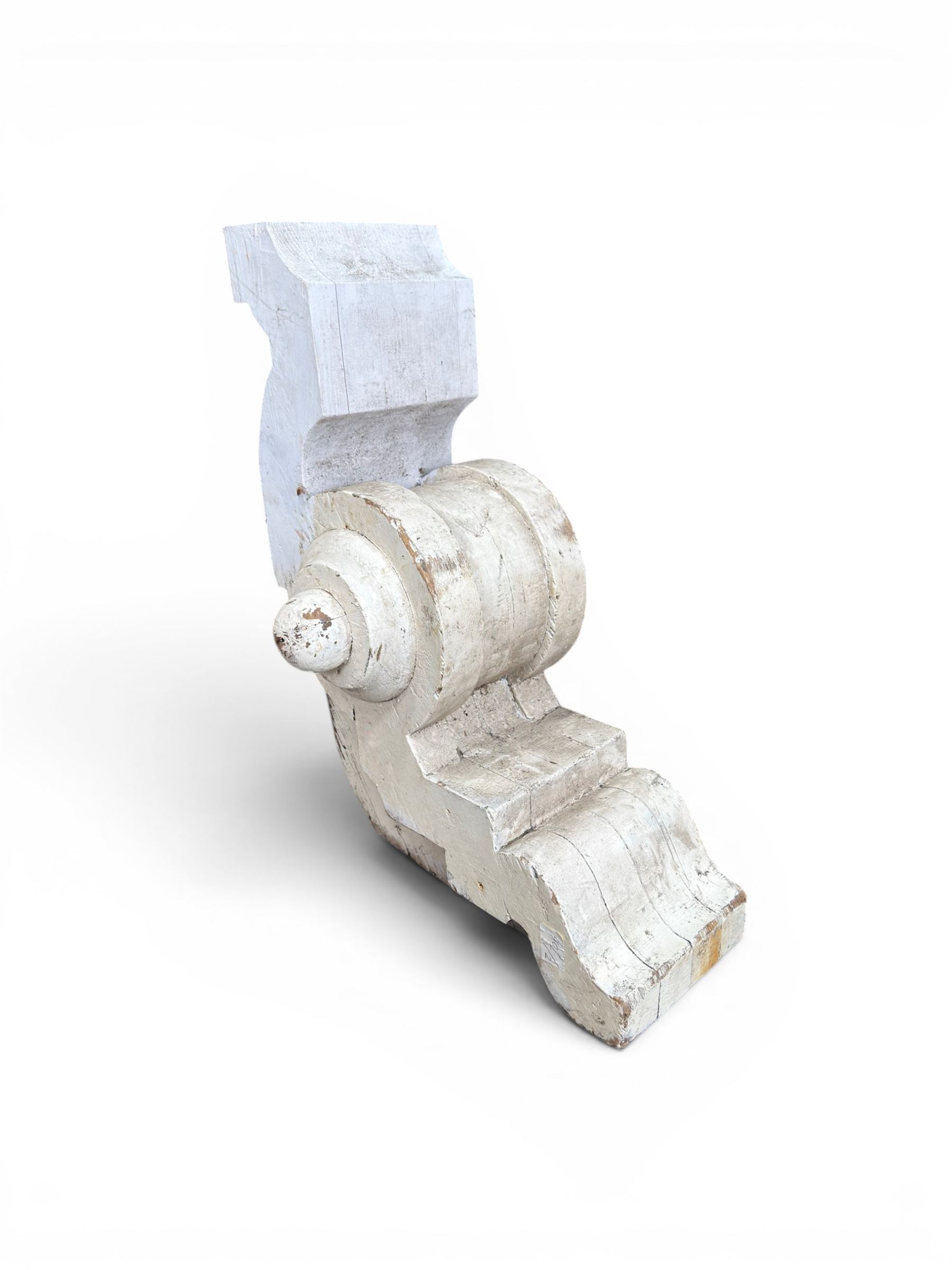 Pair of 19th century stripped pine columns  with carved capitols; an a pair of painted scroll architectural capitols (4)