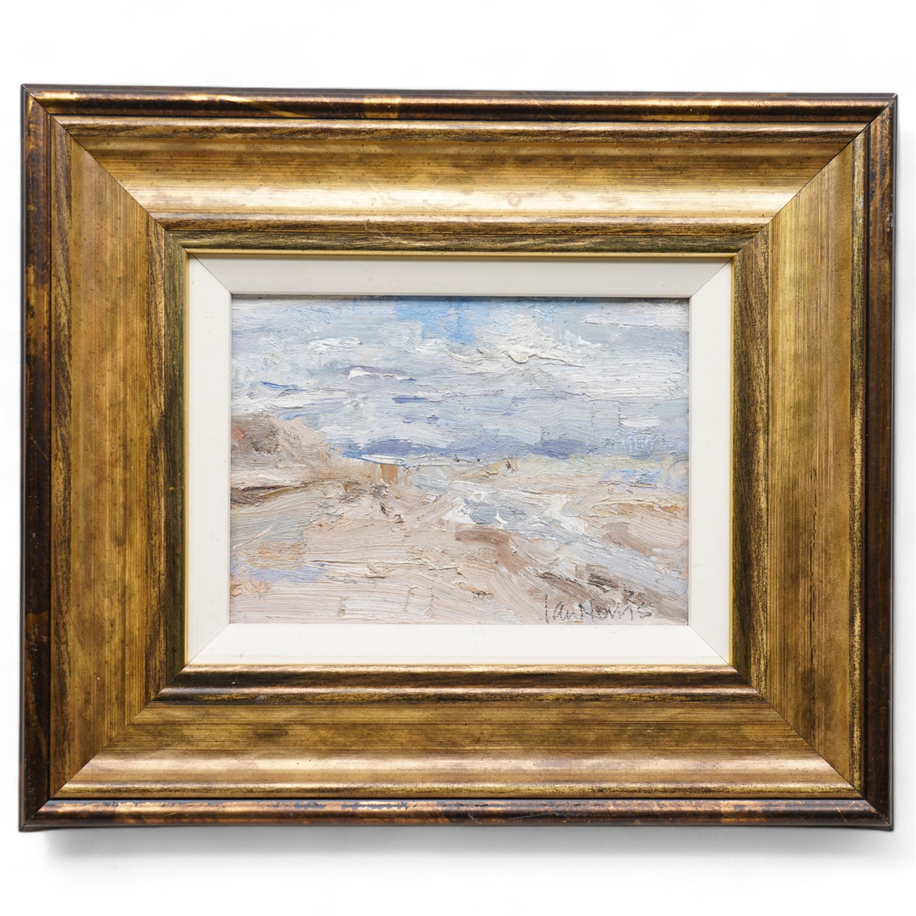 Ian Norris (British 1960-): Beachscape, oil on board signed, inscribed verso 14cm x 19cm