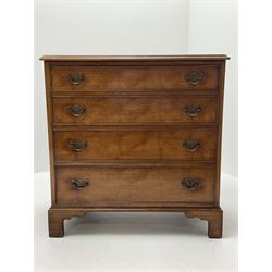 19th century red walnut and mahogany chest, four long graduating drawers fitted with pierced brass plate and swan neck drop handles, on bracket feet