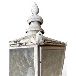 Foster & Pullen (Bradford est. 1896) - Good pair of late 19th century copper coach house or street lamps, painted in rustic white finish, with iron corner brackets, one with clear glass, the other with ring mottled glass, both converted to electricity, height with bracket 150cm