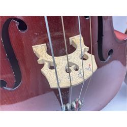 Two student half-size cellos - Boosey & Hawkes Artia with 65cm one-piece back and spruce top; bears maker's label; L104cm overall; and Romanian with 65.5cm two-piece maple back and ribs and spruce top; bears label; L108.5cm overall; each in soft carrying case with two bows (2)