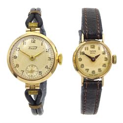 Tudor Royal 9ct gold ladies manual wind wristwatch, Birmingham 1964 and a Tissot 9ct gold ladies manual wind wristwatch, hallmarked, the back case with engraved initials, both on leather straps