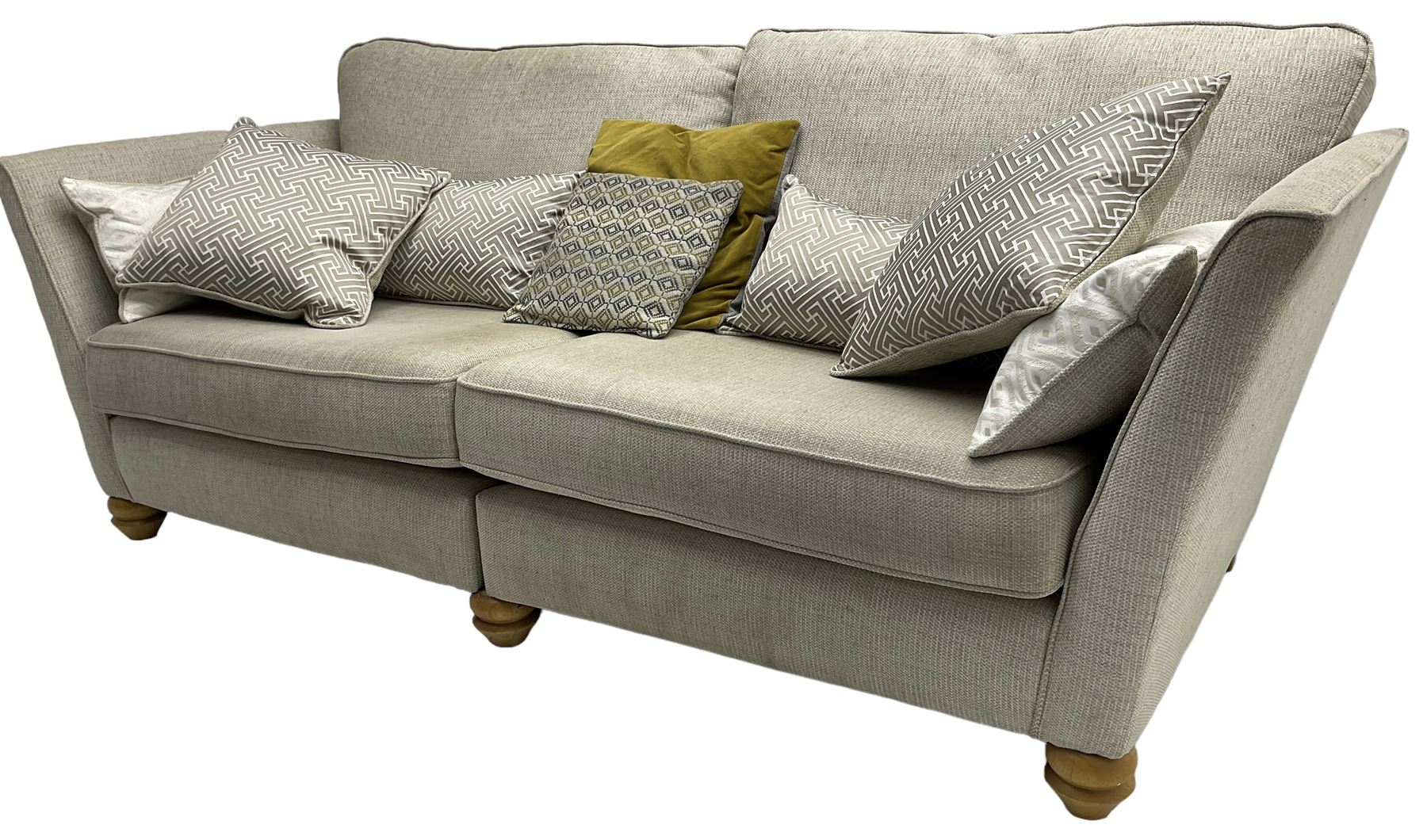 Oak Furnitureland - three-piece lounge suite upholstered in grey fabric, large three-seat sofa (W238cm, D106cm), two-seat sofa (W209cm), and snuggler sofa (W129cm)