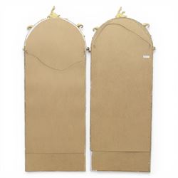 Pair of Louis XV style giltwood overmantel mirrors, the arched rectangular frame surmounted by an elaborate pierced cresting of acanthus scrolls, rocailles and floral swags, the moulded frame with continuous foliate carving and beaded inner slip