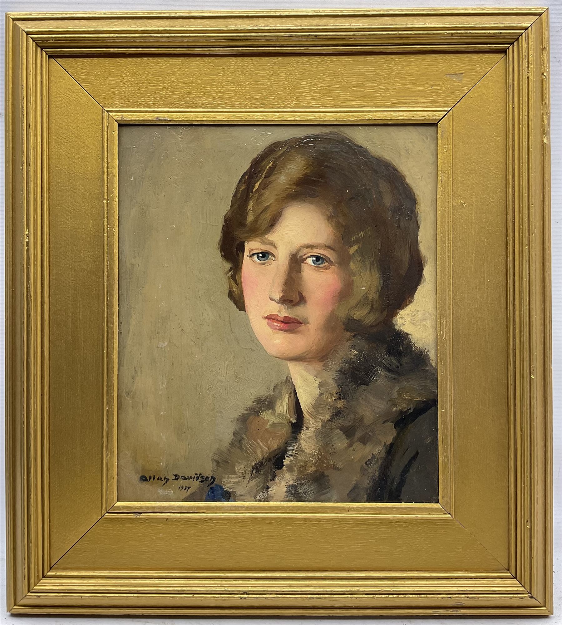 Allan Douglas Davidson (British 1873-1932): 'Portrait of Miss Violet Kyrke-Smith', oil on board signed and dated 1927, titled verso 29cm x 25cm 