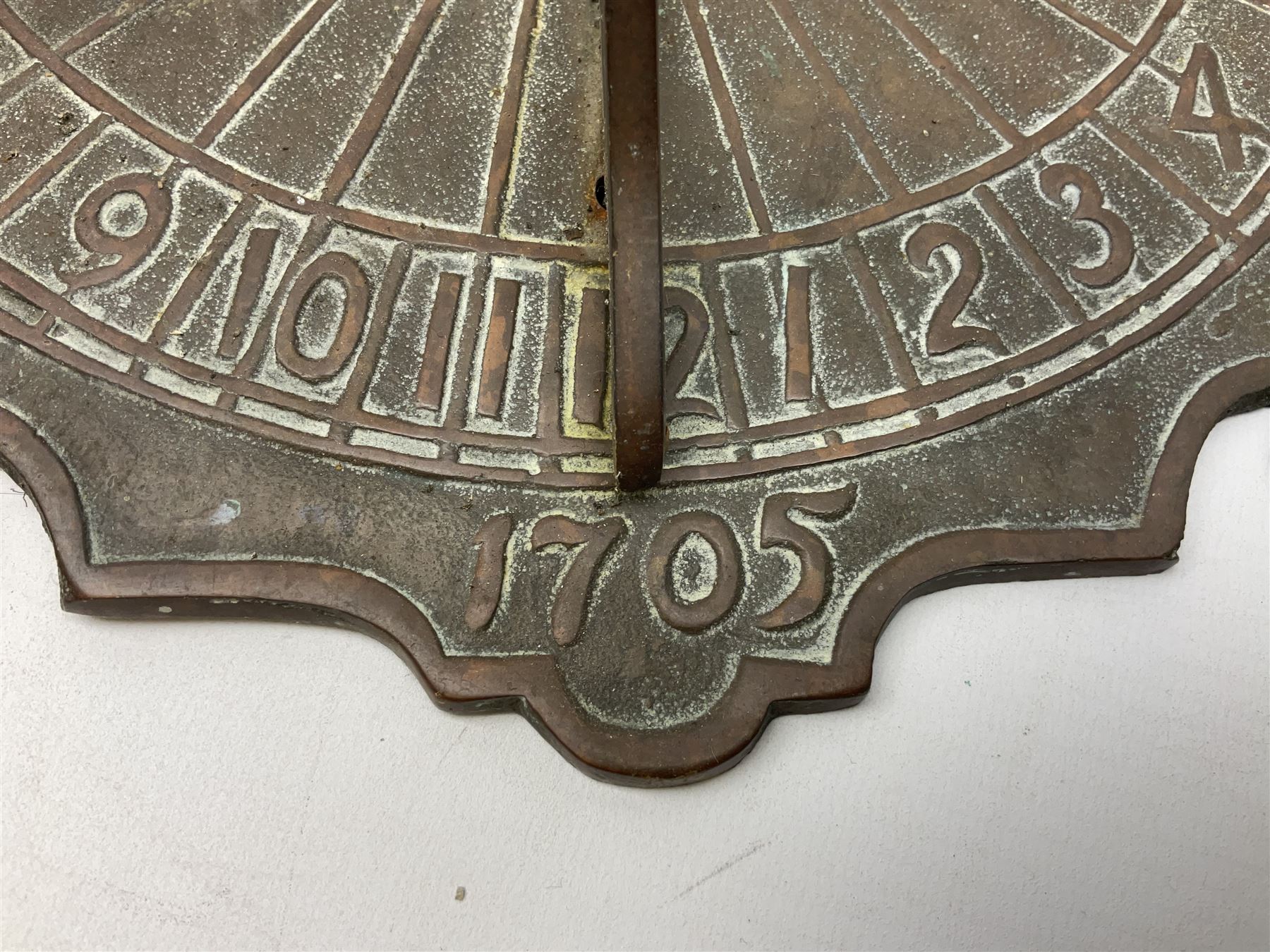 18th Century style cast bronze wall sundial, decorated with Neptune