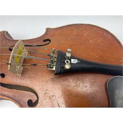 Early 20th century German Saxony three-quarter size violin with 34cm one-piece maple back and ribs and spruce top L55.5cm overall; in ebonised wooden 'coffin' case with bow