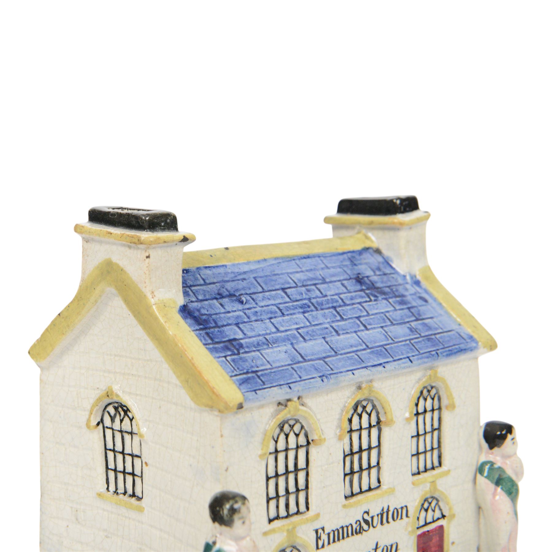 Mexborough Prattware Wesleyan Chapel Money Box, 1848, typically modelled as a chapel with putti to the front corners, on ball feet, inscribed  to the front Emma Sutton Bampton June 18 1848, H17cm, L15cm