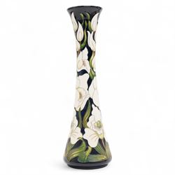 Moorcroft Buckingham Orchid pattern vase, of elongated waisted form, signed by Rachel Bishop, painted marks to base, H31cm 