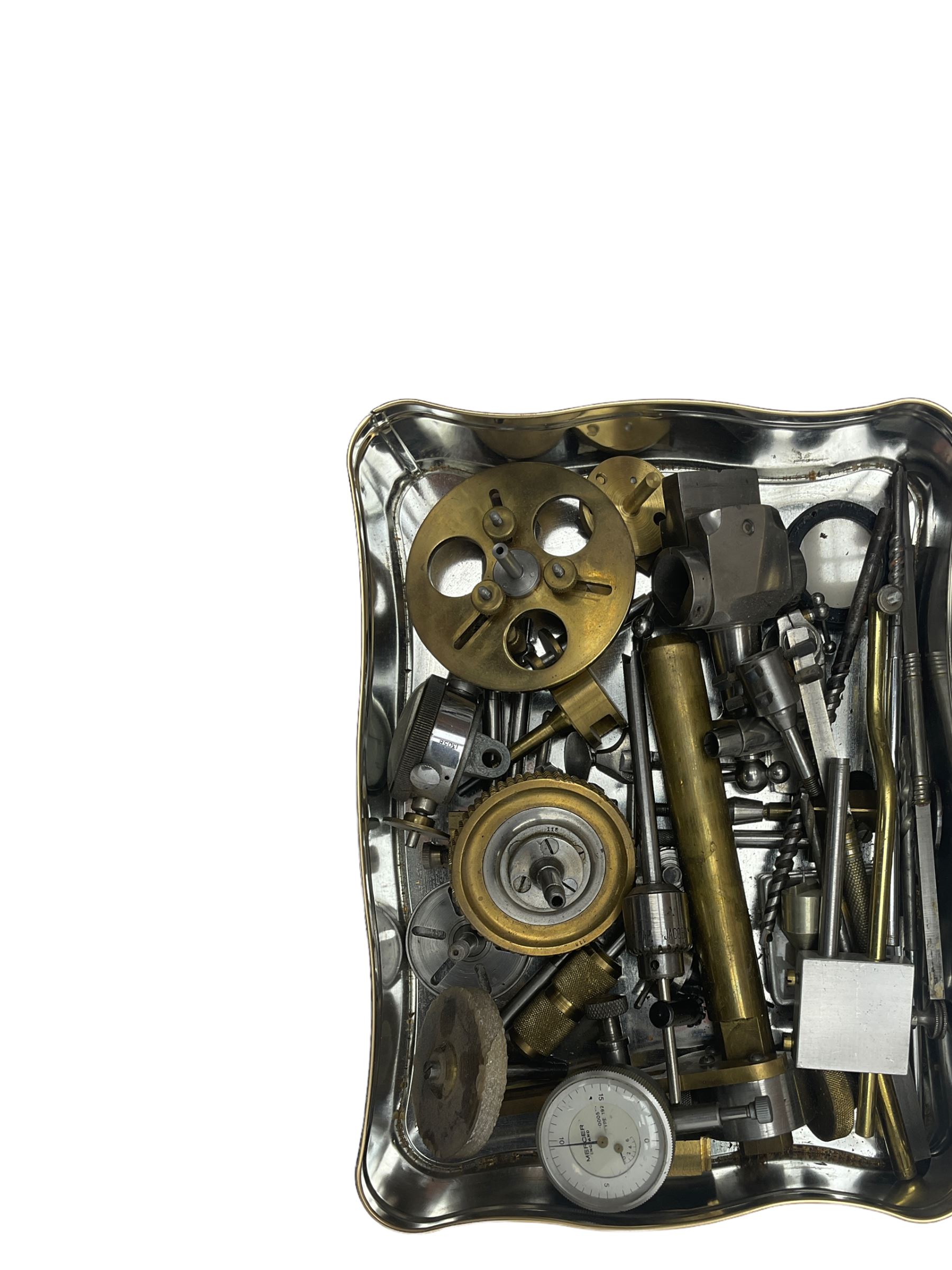 Boley watchmakers lathe with collet chuck, tool rest and tailstock, mounted on a wooden base with motor, lamp, binoculars, various collets and accessories including two dial gauges.