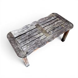 Teak garden bench, wavy shaped rail and slatted seat, with matching coffee table (2)