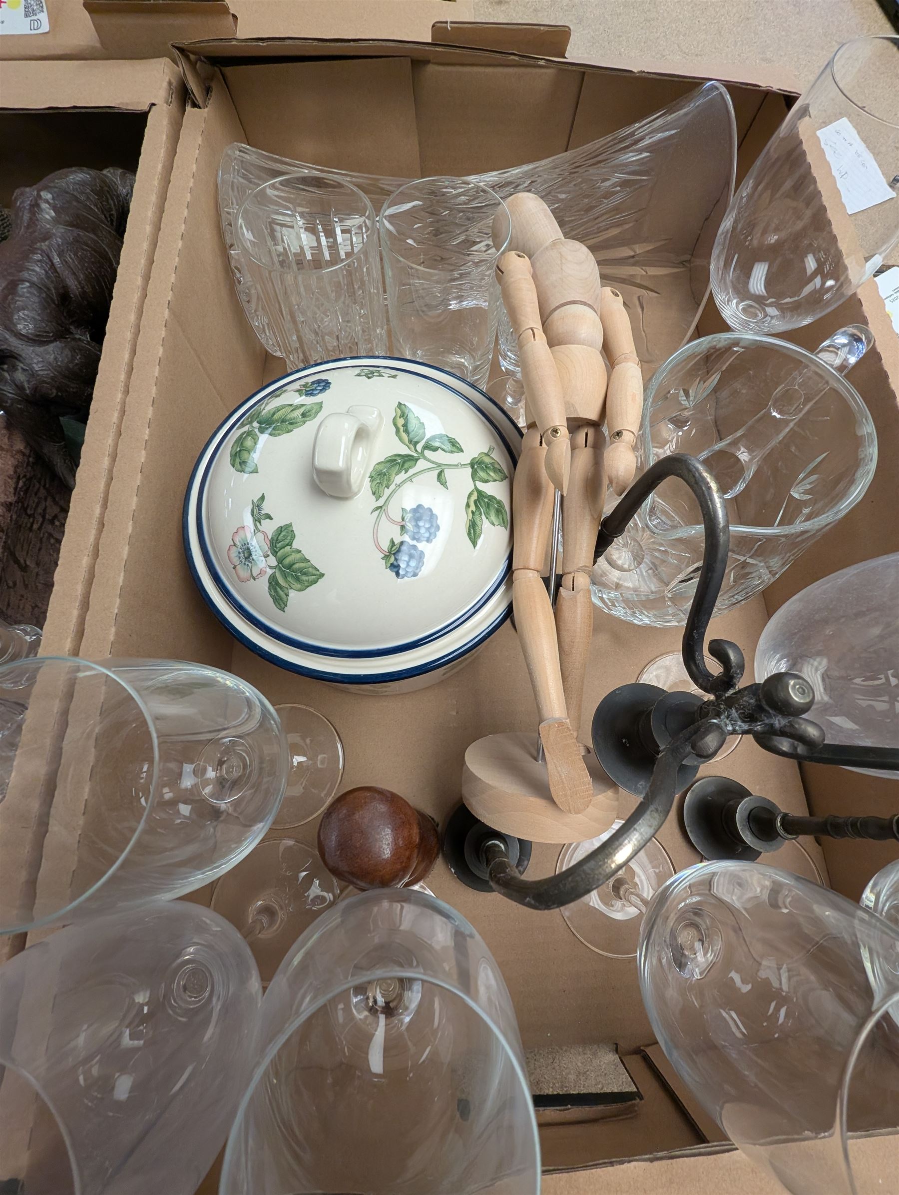 Collection of cut glass and crystal, including Dartington Crystal, glasses, decanters, vases, jug, carved wooden mask, Royal Worcester Evesham dishes, pewter tankard, Langham Glass cat, etc, in seven boxes