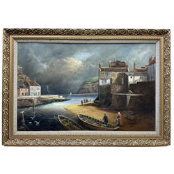 Len 'Leon' Peel (British 20th century): Cobles at Staithes with Stormy Skies, oil on board signed 48cm x 74cm