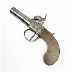 19th century English percussion box lock pocket pistol by Booth Huddersfield with (seized) turn-off barrel, engraved lock, walnut stock and thumb safety L16cm overall